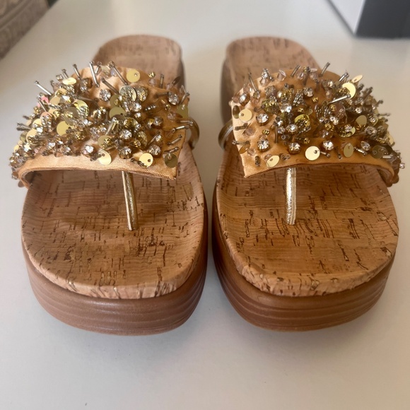 Worn Once! Donald Pliner FIFI Platino Embellished Satin Wedge Sandal 8.5 - Picture 4 of 15